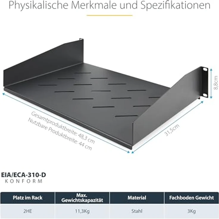 StarTech.com 2HE Belüftetes Server-Rack Fachboden, 31,5cm Tiefe, Perforierte Rackablage mit Tragkraft 11,3kg für 19" Racks – Bild 5