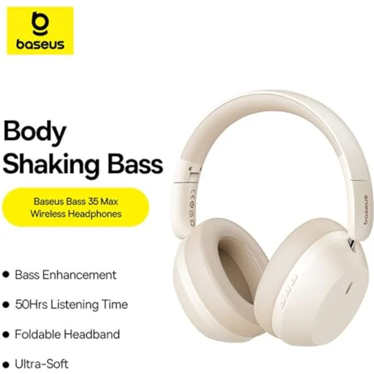 Baseus Bass 35 Max, Kopfhörer kabelgebunden & kabellos, Bluetooth V5.3, 50 Stunden Akkulaufzeit, Beige – Bild 7