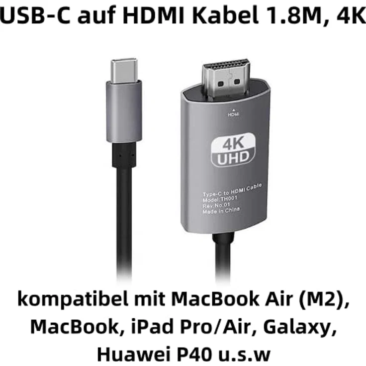 Bolwins A77CS USB-C auf HDMI Kabel 4K HD – 1,8m – Hochgeschwindigkeits-Adapter für MacBook Air (M2), MacBook, iPad Pro/Air, Galaxy, Huawei P40 – Perfekte 4K Ultra HD Bildqualität – Bild 2