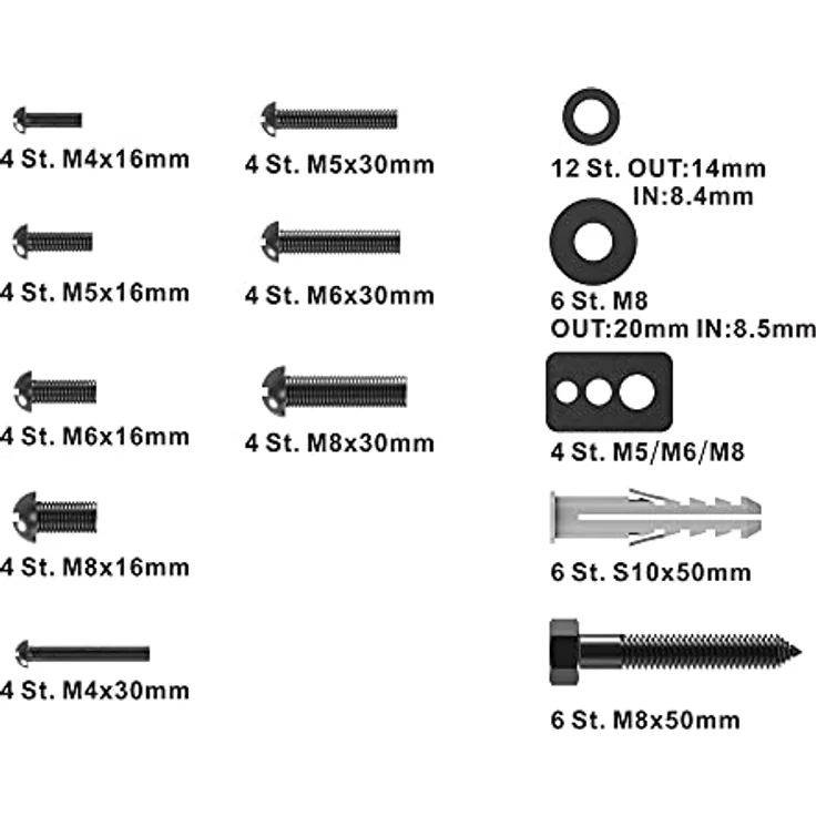 [Neu] conecto Vesa Schrauben Set 66 teilig, optimal für TV Befestigung, TV Wandhalterung, TV Halterung, Befestigungsschrauben mit Dübel & Unterlegscheiben, schwarz - Preisvergleich – Bild 3