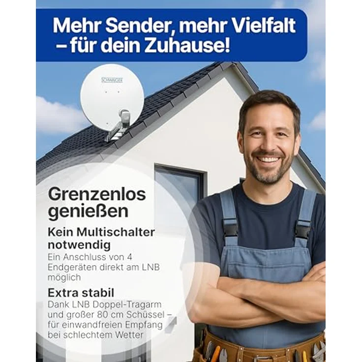 SCHWAIGER Satellitenschüssel Komplettset, Ø 80 cm Aluminium Offset Antenne in Hellgrau, inkl. Quad LNB 4-Fach, Digital HD & 4K Empfang, wetterfest und mit integrierter Kabelführung – Bild 2