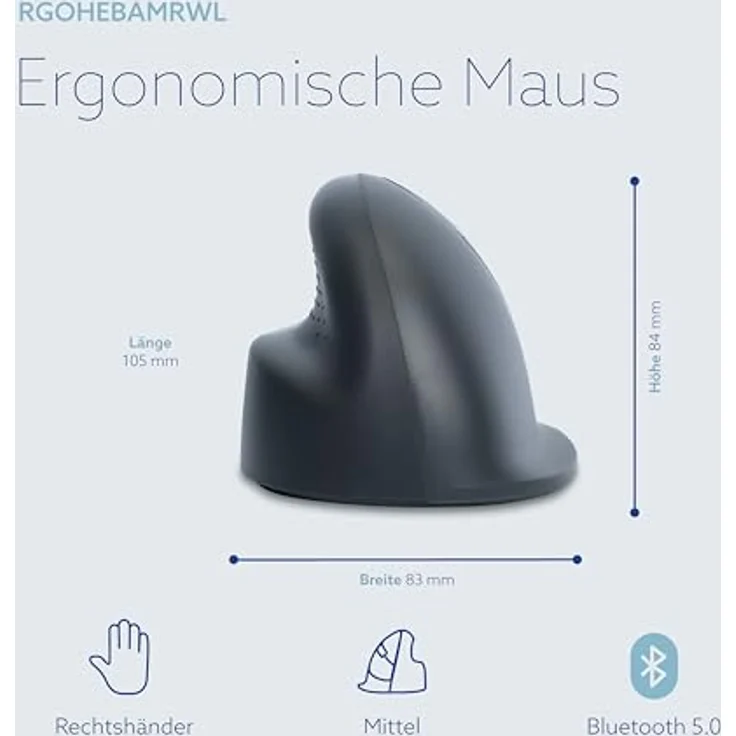 R-Go HE Basic Ergonomische Maus, Bluetooth 5.0, Wiederaufladbar, Vertikale Ergo Maus, 1600 DPI, Schwarz – Bild 3