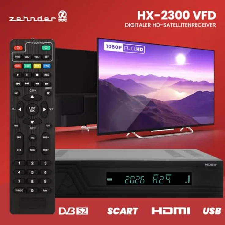 Zehnder HX 2300 VFD, Digital Sat-Receiver mit PVR Aufnahmefunktion, HD fähig, Full HD, alphanumerisches Display, Unicable-Unterstützung, HDMI & SCART Anschluss – Bild 3