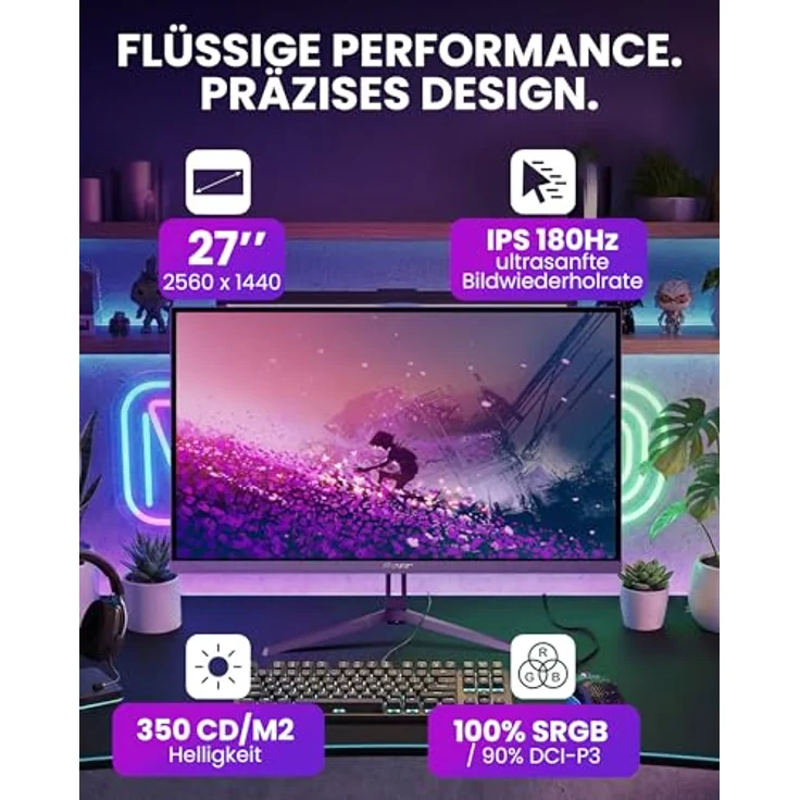Arozzi Nova 27” Gaming Monitor, QHD 1440p, IPS 180Hz, HDR10, 100% sRGB, flimmerfrei, lila – Bild 2