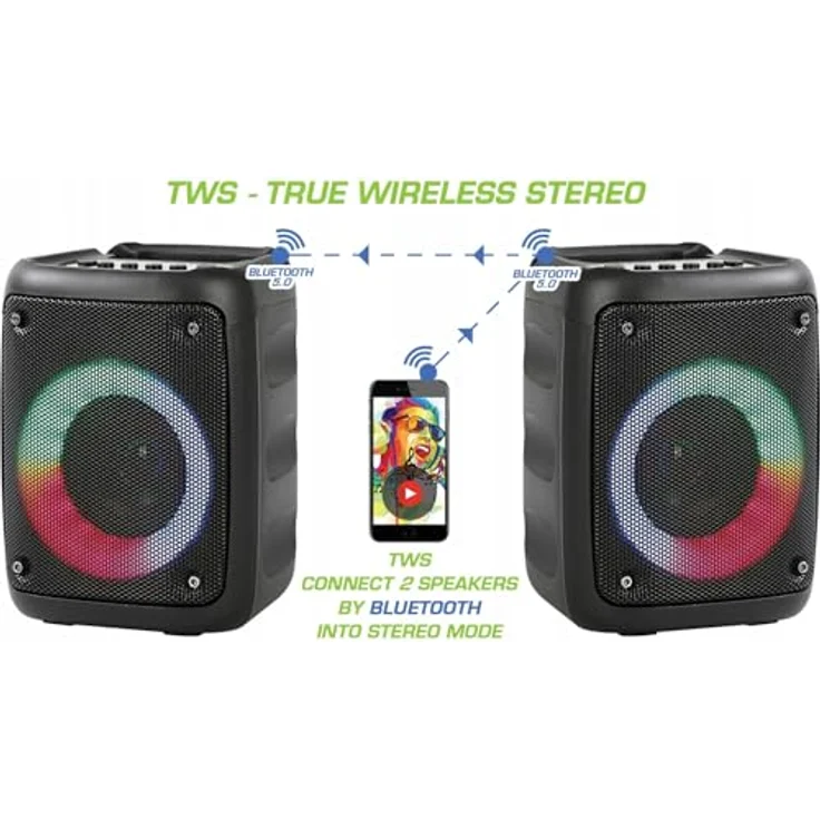 Rebeltec STAGE 180, Tragbarer Bluetooth-Lautsprecher mit RGB-Hintergrundbeleuchtung, 18W RMS, FM-Radio, USB, microSD, TWS-Funktion, schwarz – Bild 5