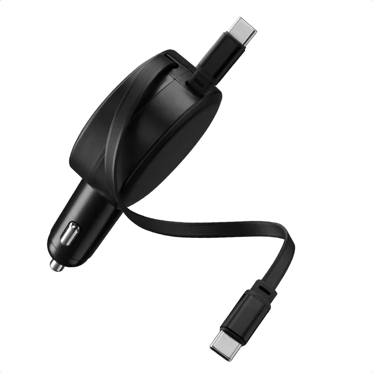 Accezz Autolader mit ausziehbaren Kabeln, USB-C / USB-C, 60W, Schnellladung für zwei Geräte, Schwarz