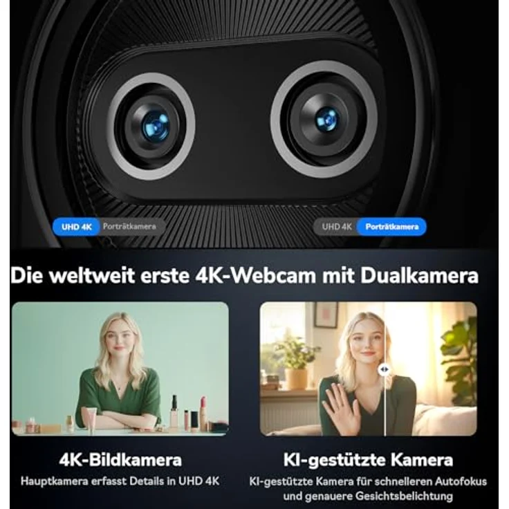 EMEET 4K Webcam Piko, KI-gestützte Dual-Kamera Webcam mit 3 Mikrofon-Arrays und 3 Soundmodi, USB-Webcam für Zoom/Skype – Bild 3