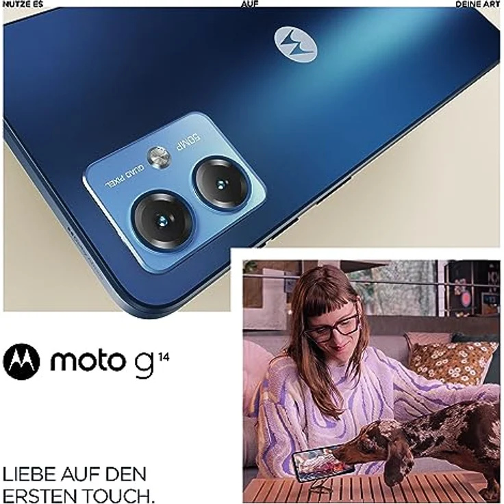 Motorola Moto g14 Smartphone (6,5"-FHD+-Display, 50-MP-Kamera, 4/128 GB, 5000 mAh, Android 13) Sky Blue, inkl. Schutzcover + KFZ-Adapter [Exklusiv bei Amazon] – Bild 2