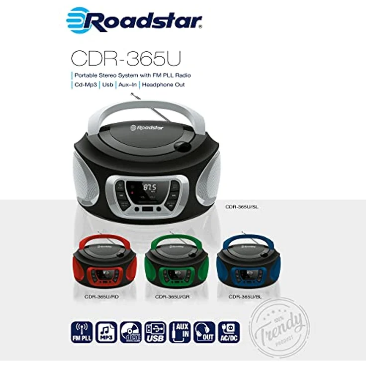 Roadstar CDR-365U/SL, tragbares FM-Radio mit PLL-Tuner, schwarz-silber, unterstützt CD, CD-R und CD-RW, 3,5 mm Kopfhöreranschluss – Bild 2