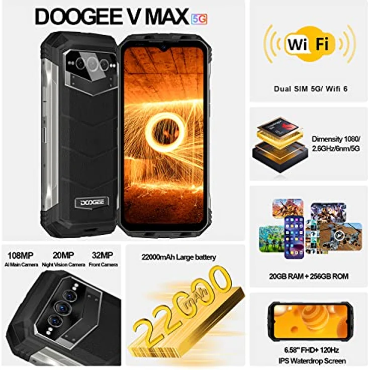 DOOGEE VMAX 5G Outdoor Handy ohne Vertrag, 20GB+256GB Dimensity 1080, 22000mAh Großer Akku, 108MP Kamera, 6.6" FHD+ 120hz Outdoor Smartphone Android 12 Dual SIM IP68 Wasserdicht OTG NFC – Bild 2