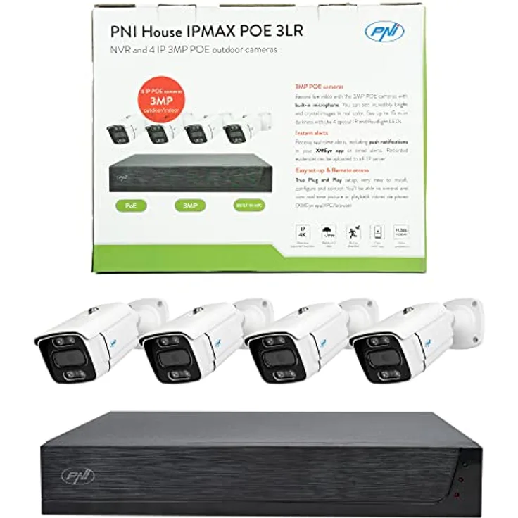 PNI House IPMAX POE 3LR Videoüberwachungskit, NVR mit 4 POE-Ports und 10 im Netzwerk, 4 Kameras mit 3MP, Outdoor, Power Over Ethernet, Gesichtserkennung, Bewegungserkennung