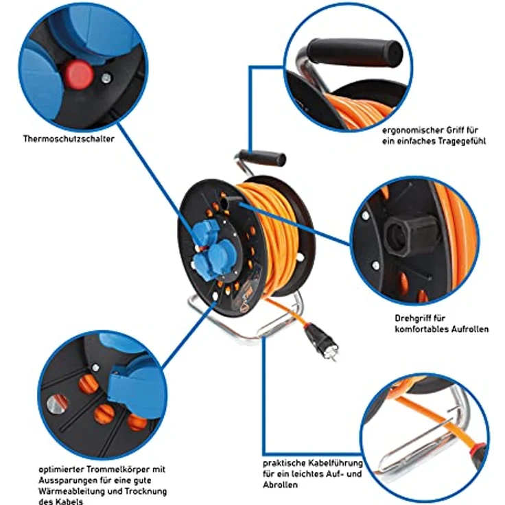 KALLE DAS KABEL Kalle Kabeltrommel Schuko 2,5 mm², 25 Meter, extrem robust, orange, IP44, Thermoschutz, drehbarer Griff – Bild 3