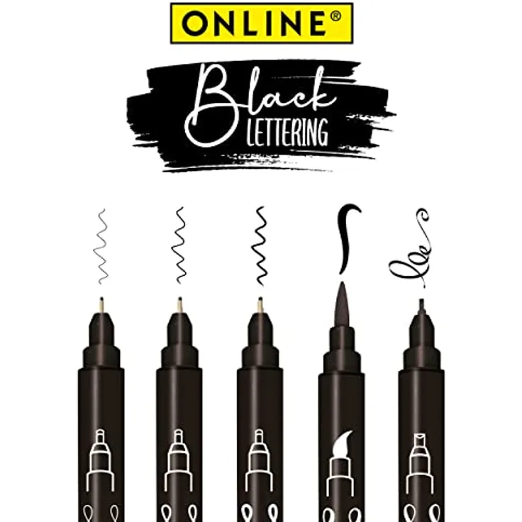 ONLINE 19114 Tuschestifte 5er Set, schwarz, verschiedene Strichstärken (0,3 - 2mm, Brush) im Kartonetui