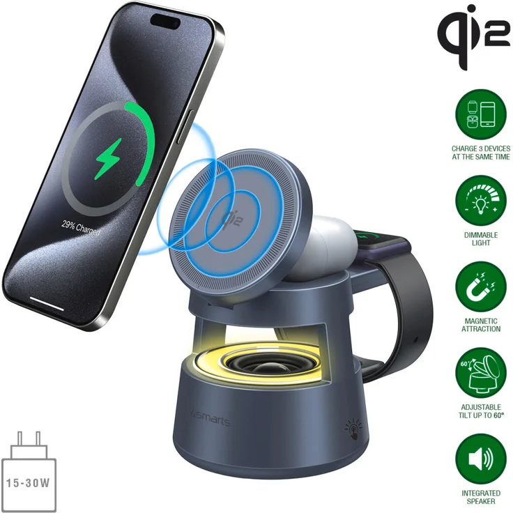 4Smarts Qi2 Ladestation Aura Sound, kabelloses Power-Hub mit integriertem Lautsprecher, dimmbarem Licht und Multi-Winkel-Ausrichtung