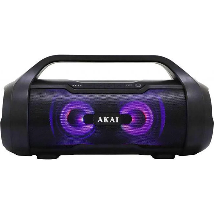 Akai ABTS-50, Tragbarer Bluetooth-Lautsprecher, 15 W, 100 - 16000 Hz, spritzwasserfest IPX5, Bluetooth 5.0, 10 m Reichweite, Mikrofonaufnahme, FM-Radio, Lichteffekte
