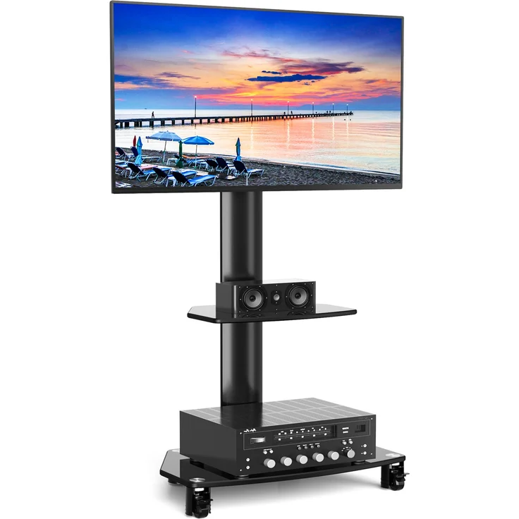 RFIVER Rollbarer TV Rollwagen, kompatibel für 27-70 Zoll Fernseher, max. VESA 400x400mm, Tragkraft 50kg, höhenverstellbar, mit 2 Ablageplatten