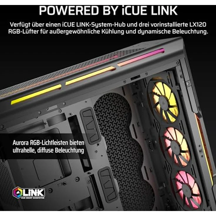 CORSAIR iCUE LINK 5000T LX RGB Mid-Tower ATX PC-Gehäuse – 3X Vorinstallierte LX120 RGB-Lüfter, Integriert Aurora RGB-Lichtstreifen, Geräumiges Interieur, iCUE LINK Inklusive Systemnabe – Schwarz – Bild 3