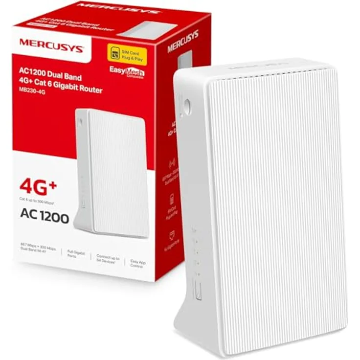 MERCUSYS MB230-4G LTE Router, 4G+ Cat6 bis zu 300Mbps, WLAN AC1200, Gigabit-LAN/WAN, bis zu 64 Geräte