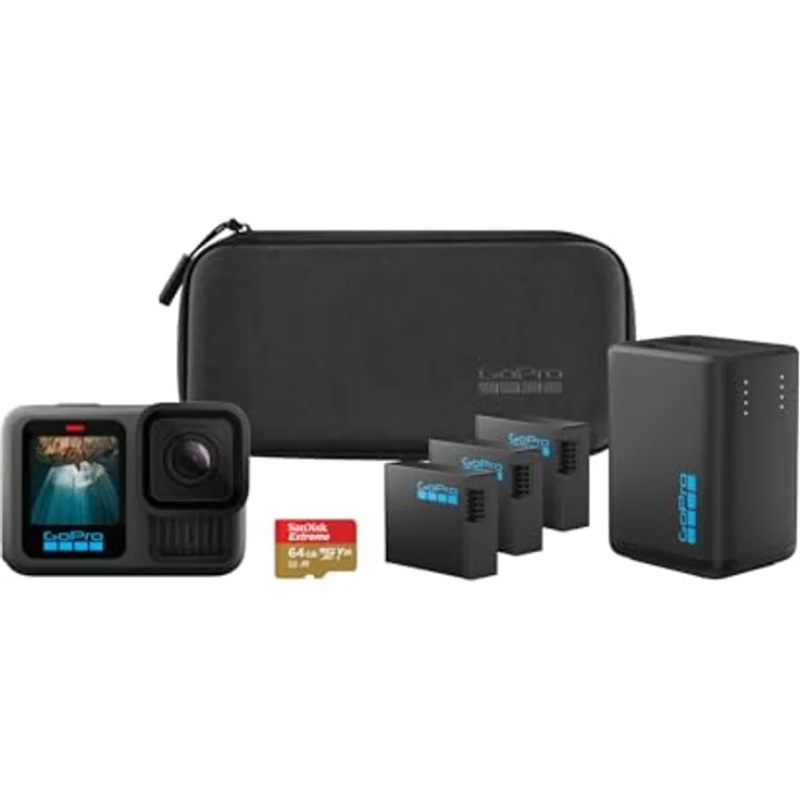 GoPro HERO13 Black Extended Power Bundle, Action-Cam mit 5,3K Video, 3 Enduro Akkus, Dualladegerät, 64 GB microSD-Karte, Kamera-Case