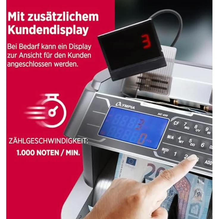 Olympia NC 455 Geldzählmaschine & Geldscheinprüfer, UV & MG Prüfung, 1000 Noten/Min, LCD Display, Autom. Start, Falschgeld Prüfer – Bild 4