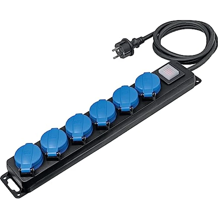 as – Schwabe 6-fach Verteilersteckdosenleiste – Outdoor-Mehrfachstecker mit 1,5 m Leitung – Mehrfach-steckdose 230 V - 16 A Klappdeckel, Schalter & Wandbefestigung – IP44 – Schwarz I 38606 – Bild 2