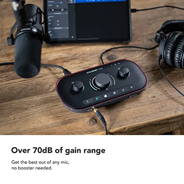 Focusrite Vocaster Two Studio – Podcast-Audio-Interface für Aufnahmen von Moderator und Gast, mit dem dynamischen Mikrofon DM14v in Studioqualität den Kopfhörern HP60v – Bild 4