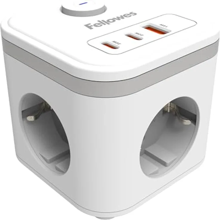 Fellowes Power Cube Steckdosenleiste, 3 Typ-F, 2 USB-C & 1 USB-A, 2 m Kabel, Schwarz, platzsparender Mehrfachadapter für Schreibtisch und Büro