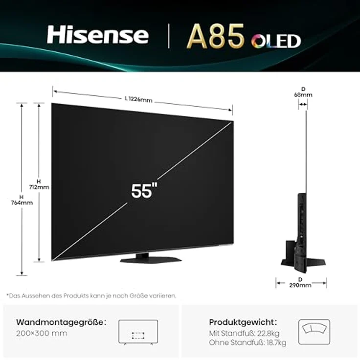 Hisense 55A85Q, 139 cm (55 Zoll) 4K UHD OLED Smart TV mit 120Hz, HDMI 2.1, Game Mode Pro, AMD FreeSync Premium, Dolby Vision IQ & Atmos, Bluetooth, Alexa Built-in, Schwarz, [2025] – Bild 2