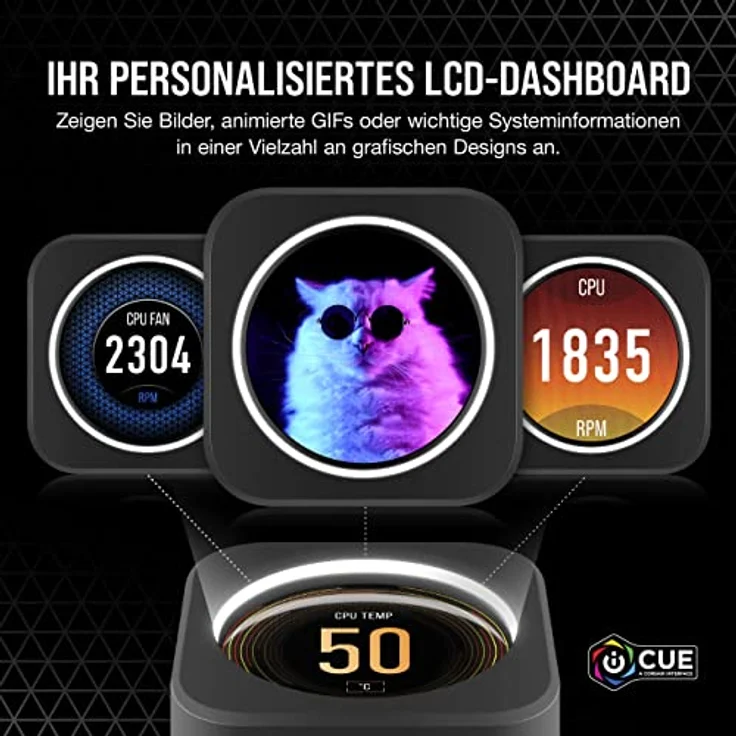 Corsair iCUE H100i ELITE CPU-Flüssigkeitskühler mit LCD-Display (IPS-LCD-Bildschirm mit anpassbarer Anzeige, 40 Dynamische RGB-LEDs, 120-mm-Lüfter, 240-mm-Radiator, Commander Core inklusive) Schwarz – Bild 3