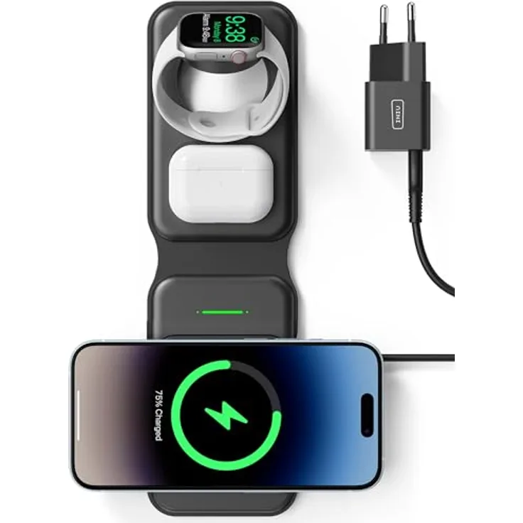 INIU 15W MagSafe Ladestation 3 in 1, Faltbares Wireless Charger Qi2-Zertifikat für iPhone 16/15/14/13/12, Apple Watch 9/8/7/6/SE, AirPods 4/3/Pro 2 (mit 20W Adapter und USB-C-Kabel)