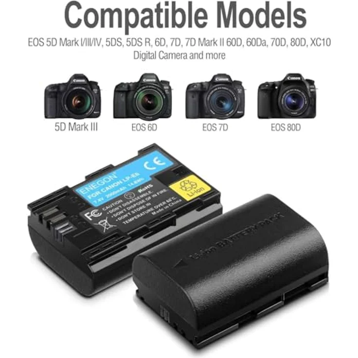 ENEGON LP-E6 Ersatzakku (2 Stück) und Smart LED Dual USB Ladegerät, 2000mAh Hochkapazität für Canon EOS 5D Mark II/III/IV, 6D, 7D und mehr – Bild 3