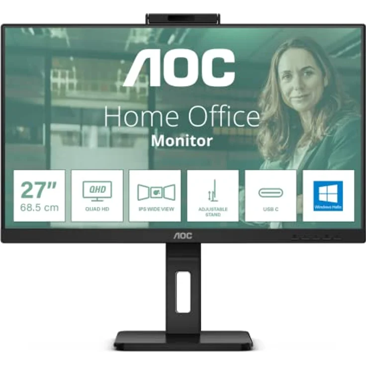 AOC Q27P3CW - 27 Zoll QHD Monitor, 2 MP Webcam, höhenverstellbar, Lautsprecher (2560x1440, 75 Hz, HDMI, DisplayPort (in/Out), USB-C (65W PD), RJ45, USB Hub) schwarz – Bild 1
