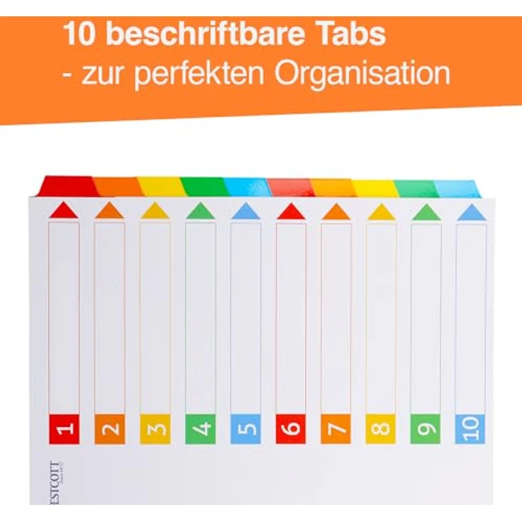 WESTCOTT Aktenordner Register für Ordner Din A4, 10 beschreibbare Tabs, 5 Farben, Robuste 160g/m², Eurolochung – Bild 3