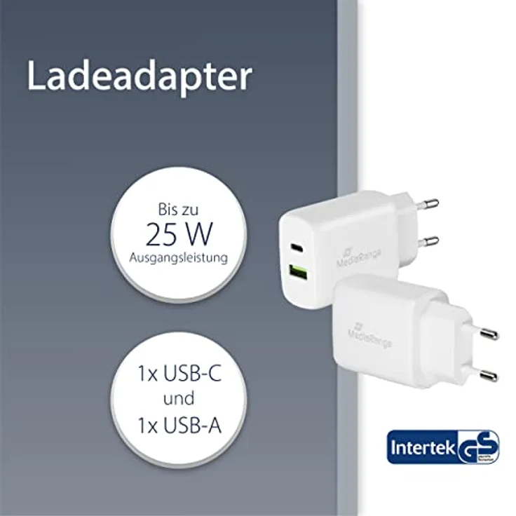 MediaRange 25W Steckdosen-Ladegerät mit USB-A und USB-C Ausgang, weiß – Bild 2