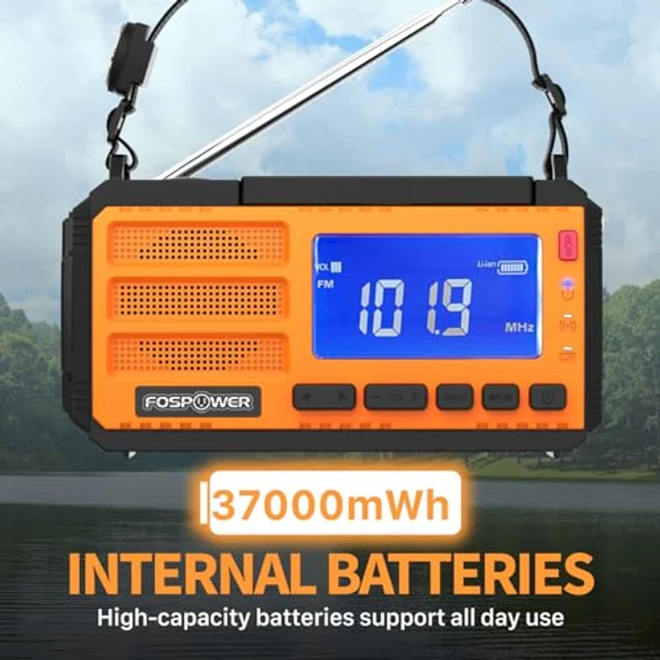 FosPower FOSPWB-2436PP, NOAA/AM/FM Notfallradio mit 10.000 mAh Powerbank, USB/Solar/Handkurbel Aufladung, SOS-Alarm & Taschenlampe für drinnen und draußen – Bild 3