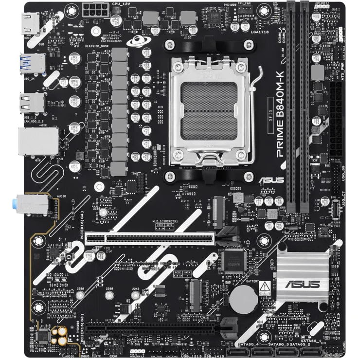 ASUS PRIME B840M-K, Mainboard für AMD Ryzen 7000/8000/9000 Serie, Sockel AM5, DDR5, 128 GB, Schwarz – Bild 1