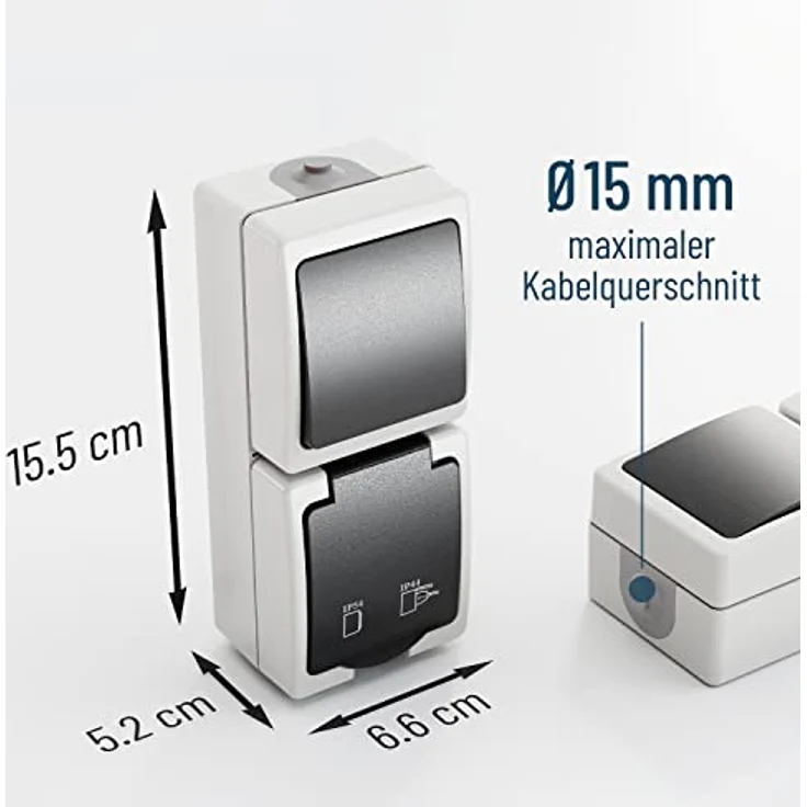 ABSINA greate 10x Aufputz Schalter Steckdose Kombination mit IP44 für Feuchtraum - Wechselschalter 250V & 16A, grau – Bild 4