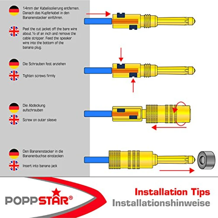 Poppstar 10x High End Bananenstecker, Bananas für Lautsprecherkabel (bis 4 mm²), Lautsprecher, AV Receiver, 24k vergoldet (5x schwarz, 5x rot) – Bild 4
