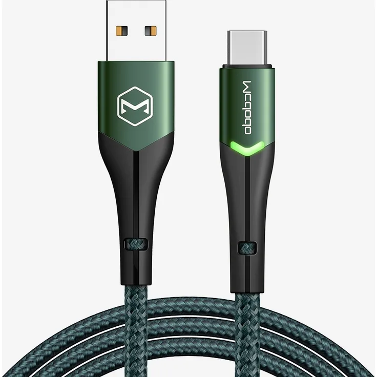 MCDODO Magnificence Kabel USB-C LED, 1m, schnelles Aufladen bis 3A, grün, langlebiges Geflecht, mit Magic Tape
