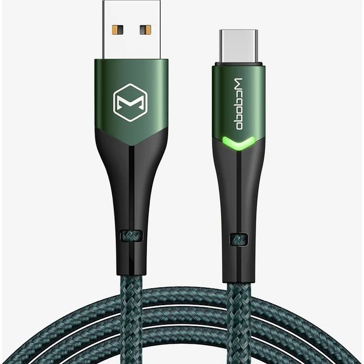MCDODO Magnificence Kabel USB-C LED, 1m, schnelles Aufladen bis 3A, grün, langlebiges Geflecht, mit Magic Tape