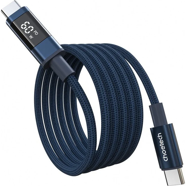 Choetech XCC-1068 USB-C Ladekabel, 120 cm, Schnellladung bis 60 W, mit Digitalanzeige, blau, Nylongeflecht