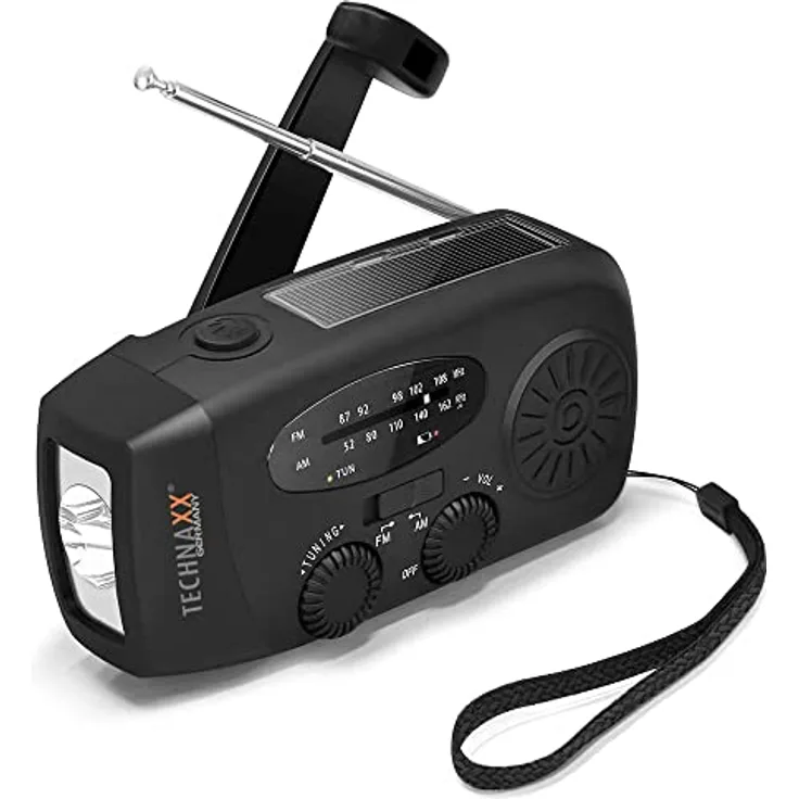 Technaxx Kurbelradio mit Handyladefunktion Solar Radio TX-238 - Tragbares Baustellenradio Notfallradio mit LED-Taschenlampe, USB-A Ausgang zum Laden von Mobilgeräten, Solarpanel,Handschlaufe