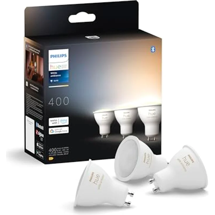 Philips Hue GU10 Smarte Lampe, einstellbares warm- bis kaltweißes Licht, 3er-Pack, Bluetooth kompatibel, Sprachsteuerung mit Alexa, Apple Home und Google Assistant – Bild 1