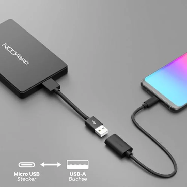 deleyCON 20cm USB 2.0 High Speed OTG Adapterkabel, 2 Stück, USB-A zu Micro-USB B, kompatibel mit Galaxy S7/S6/S5/Note 5/4/3, Schwarz – Bild 4