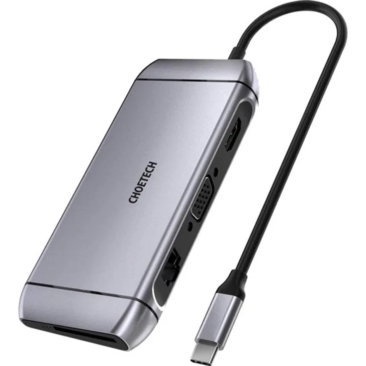 Choetech 9-in-1 USB-C Hub, 4K HDMI Adapter mit 100W PD und USB 3.0, grau