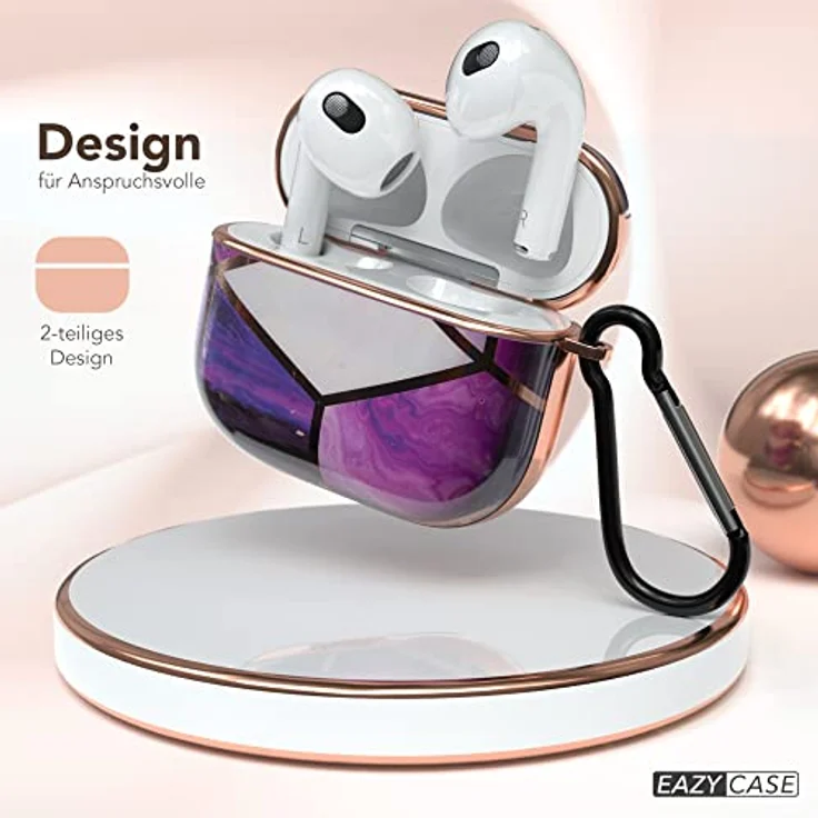 EAZY CASE AirPods 3 Schutzhülle, violett Marmor Hard Case mit Karabiner, stoßfest und antikratz, rutschfest, kabelloses Laden unterstützt – Bild 2