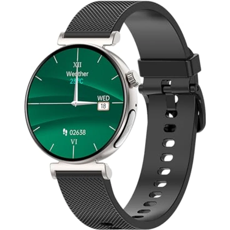 Knauermann PRO 3 Mini (2024) Silber - Gesundheitsuhr Smartwatch mit Telefoniefunktion, EKG + HRV und SOS Funktion, AMOLED Display, BT Bluetooth, Schlafapnoe - Silikonband Schwarz, 14-24, rund – Bild 2