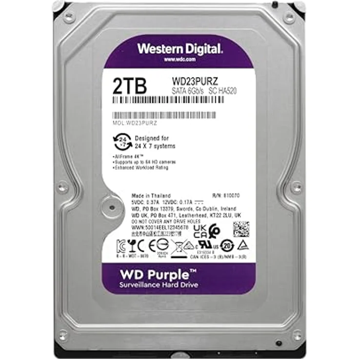 Western Digital WD23PURZ Surveillance Festplatte (2 TB, 8,9 cm (3,5 Zoll), SATA, 6 Gbit/s, 64 MB/5.400 U/min, Violett – Bild 2