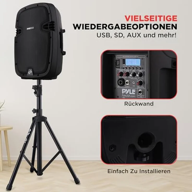 Pyle PPHP1049KT, 1000W PA Anlage Komplettset mit 2 Lautsprechern, Bluetooth-fähig, Mikrofon, USB/SD/MP3/AUX, mit 2 höhenverstellbaren Lautsprecher-Ständern, Schwarz – Bild 3