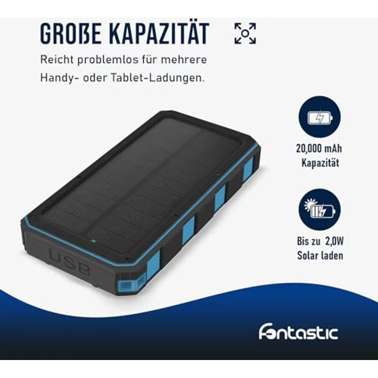FONTASTIC „Xora 20Q“ Solar Powerbank 20000mAh, Schnellladefunktion mit 2x USB-A FC und 1x USB-C PD, IPX4 Outdoor Solar-Ladegerät für Handy – Bild 5